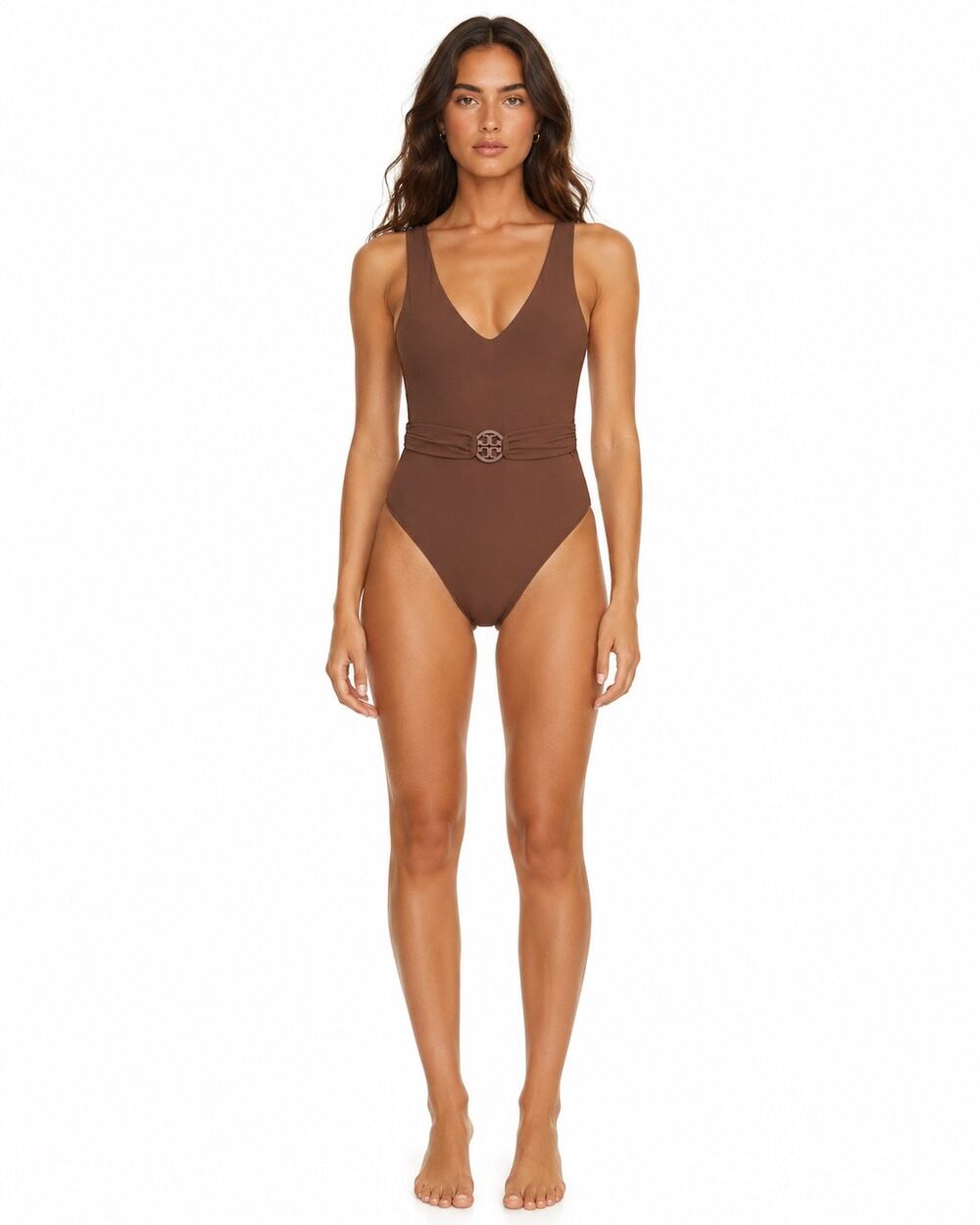 Tory Burch Miller Plunge One Piece Logo Belted Swimsuit